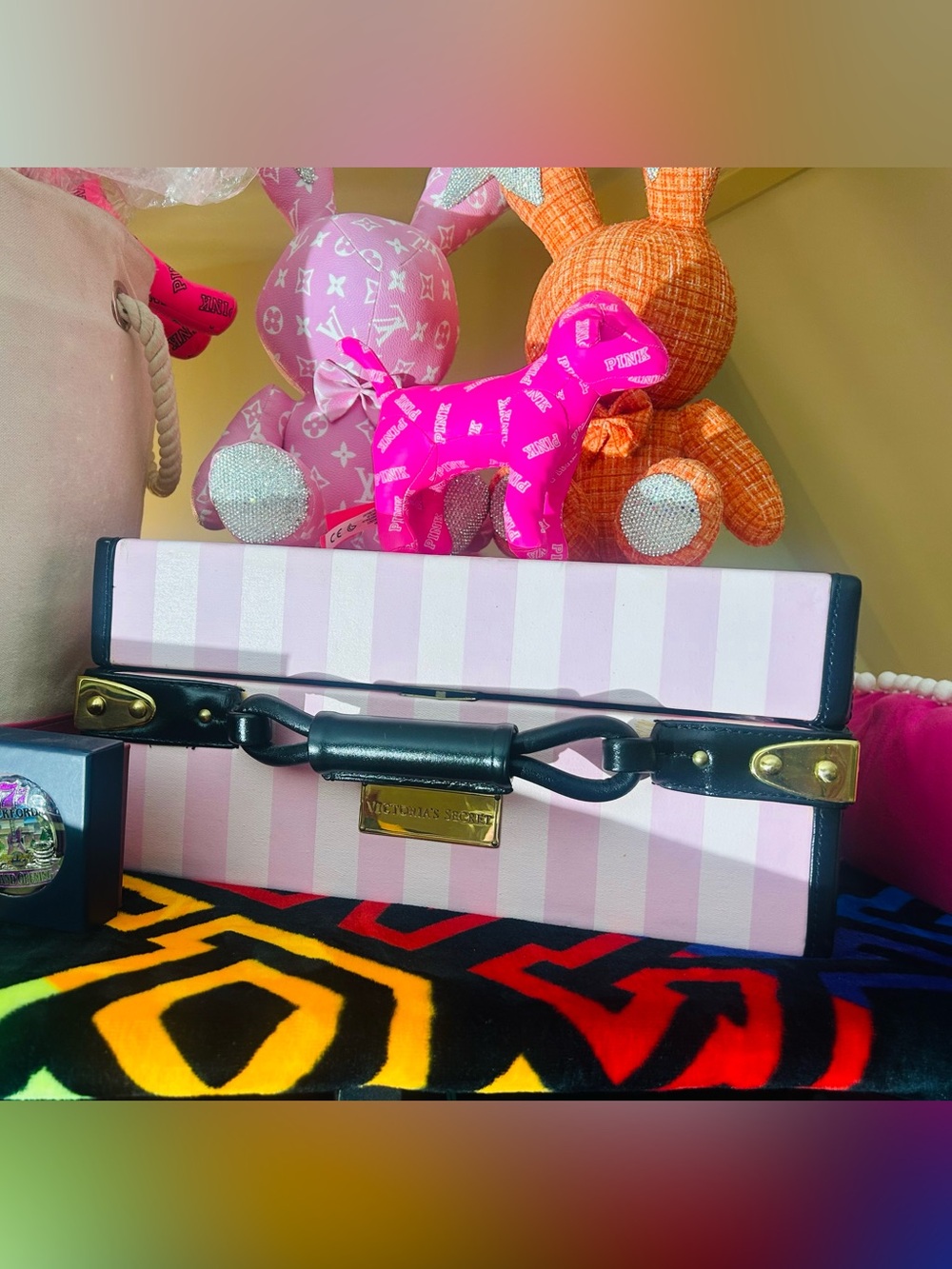 Victoria's Secret Pink and Black Striped Trunk with Gold Plate